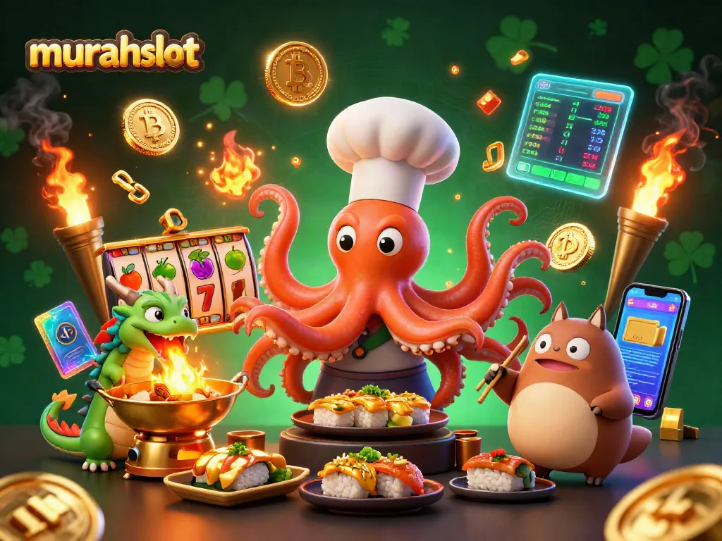 Menangkan jackpot di murahslot dengan ilustrasi slot yang penuh warna dan elemen digital menarik.