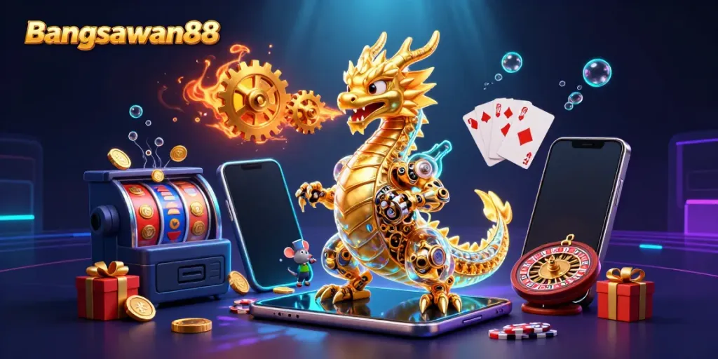 Bangsawan88 features a vibrant dragon and mouse engineer interacting among slot games and casino elements.