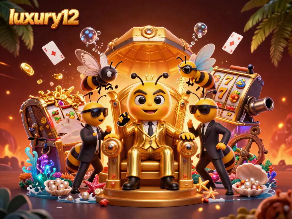 Experience luxury12 with a 3D bumblebee mob boss overseeing a vibrant casino scene.