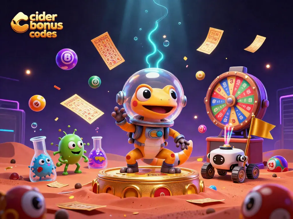 Engage with cider casino bonus codes for exciting games while a Martian gecko explores a golden casino.