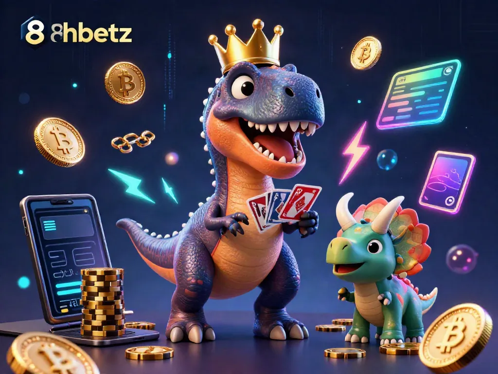 Experience thrilling gaming at 8xbetz with vibrant characters amid glowing cryptocurrency elements.