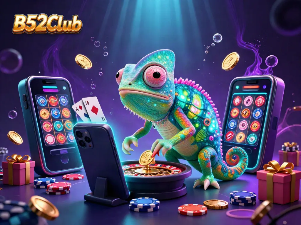 B52CLub's vibrant 3D scene showcases a colorful chameleon casino owner with poker chips, coins, and games.