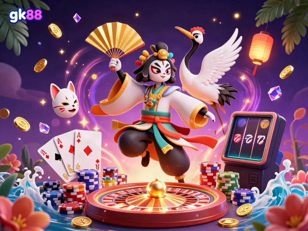 Experience thrilling gambling at gk88 with a vibrant scene of a kabuki warrior and gaming elements.