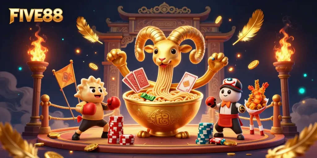 FIVE88 showcases a vibrant casino scene with a giant ramen bowl character, dealer sushi roll, and cheering tempura shrimp.