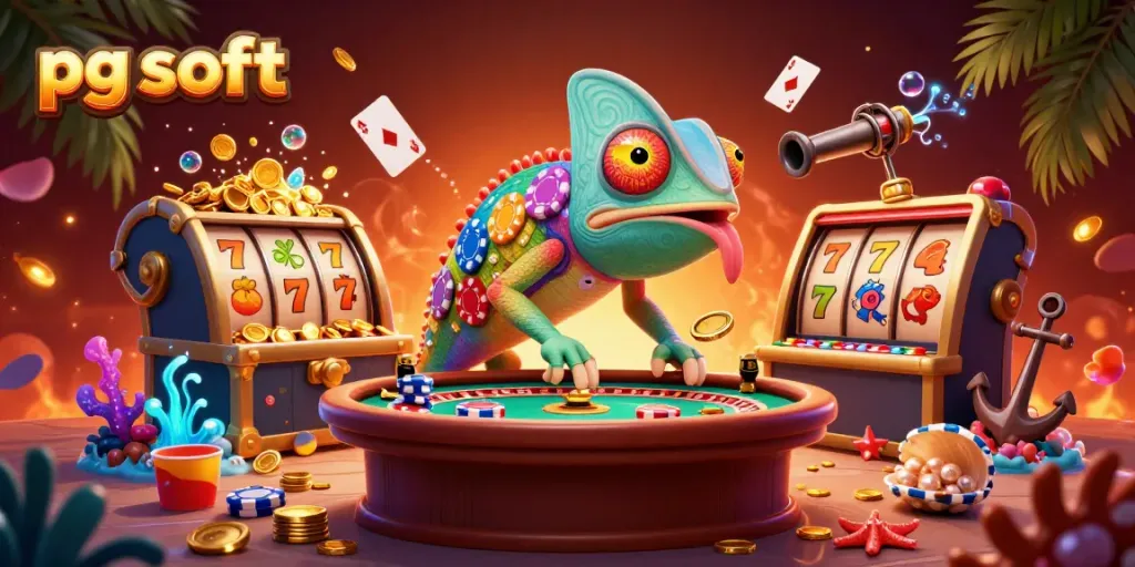 Immerse yourself in a vibrant illustration showcasing pg soft and dynamic gaming elements, featuring a chameleon casino owner.