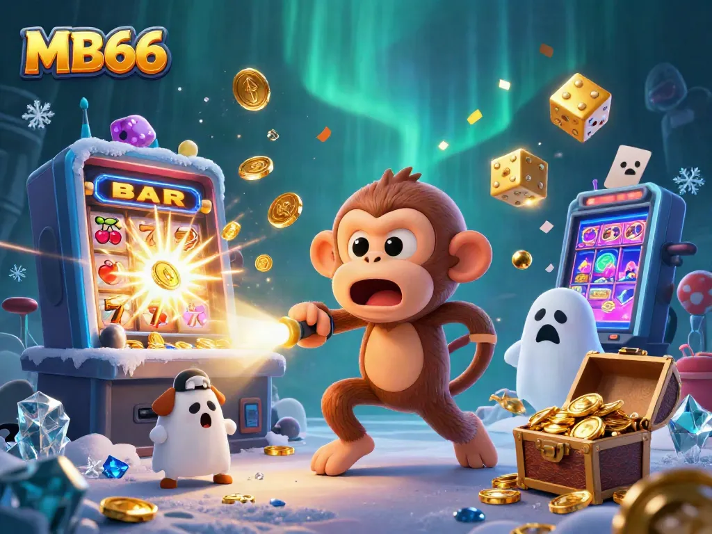 Experience the thrill of MB66 with a playful ghost monkey and curious puppy in a vibrant casino.