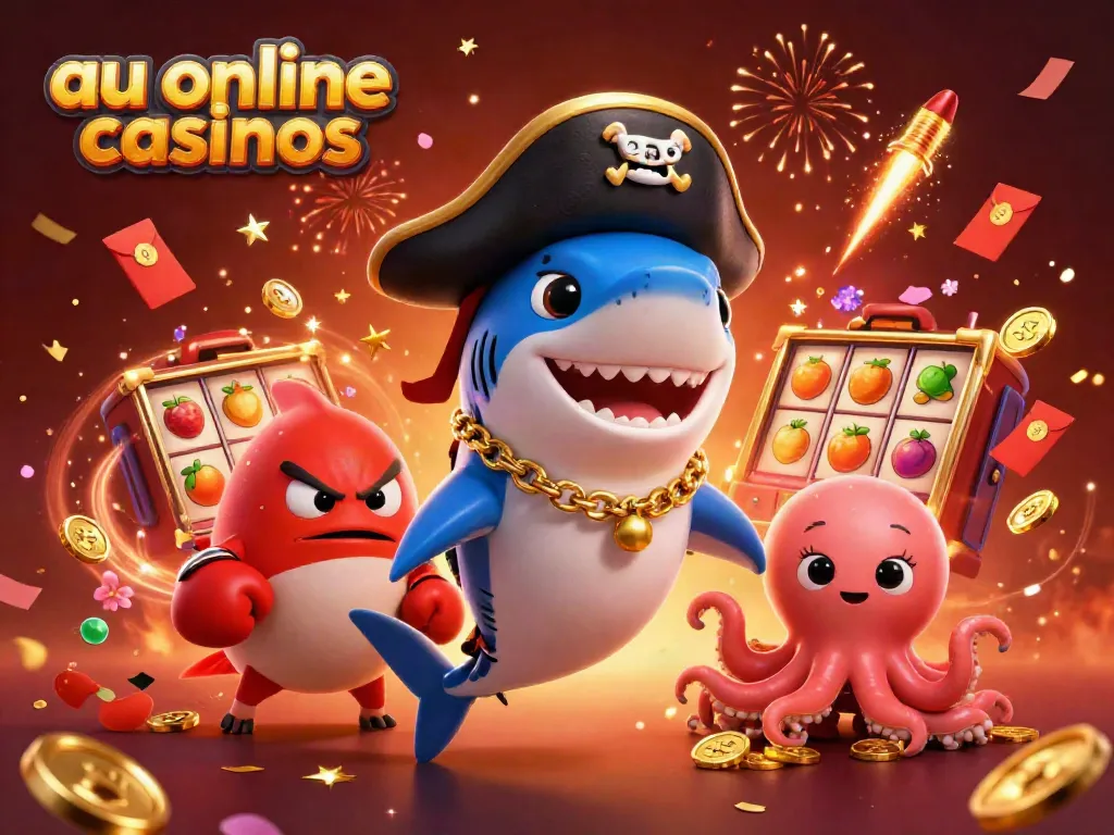 Engage with exciting au online casinos: a playful 3D pirate shark, boxing pufferfish, and a coin-holding octopus amidst animated slot and festive elements.
