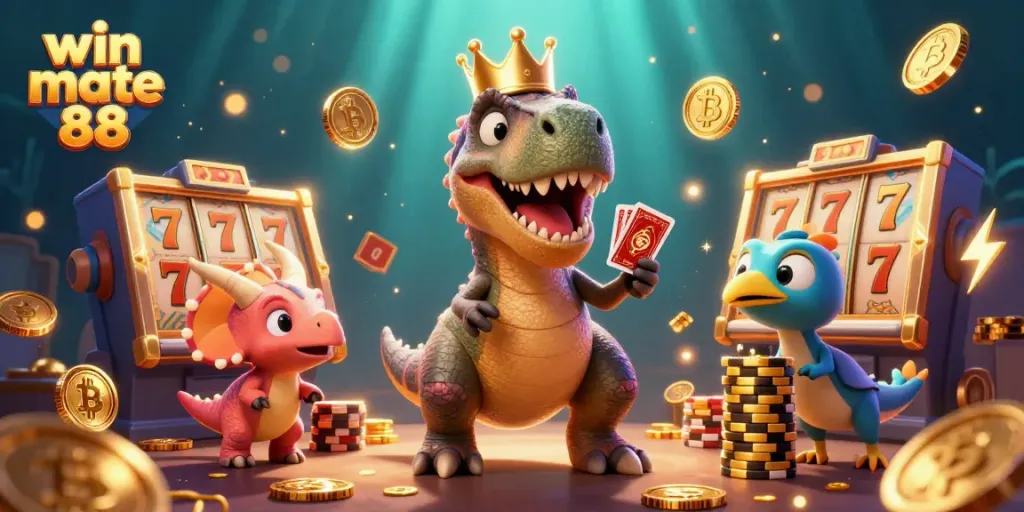 Engage with win mate 88 as a T-Rex shuffles cards, aided by a pterodactyl, in a vivid casino scene.