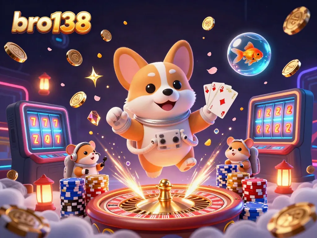 Experience fun with bro138's dynamic casino gaming featuring floating characters and golden winnings.