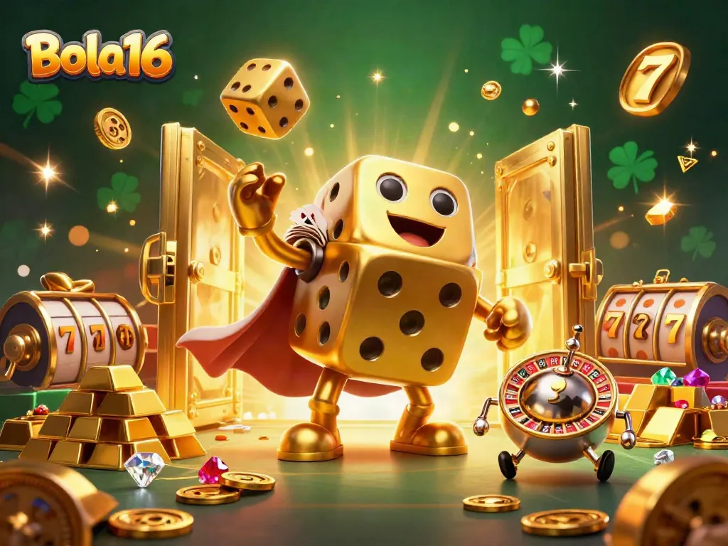 Bola16 showcases an engaging casino scene with a golden dice golem and dynamic slot elements.