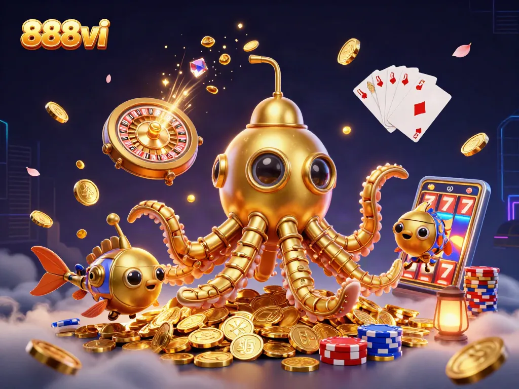 Engage in thrilling gameplay with the vibrant scene featuring 888vi, a kraken submarine and treasure-filled adventure.