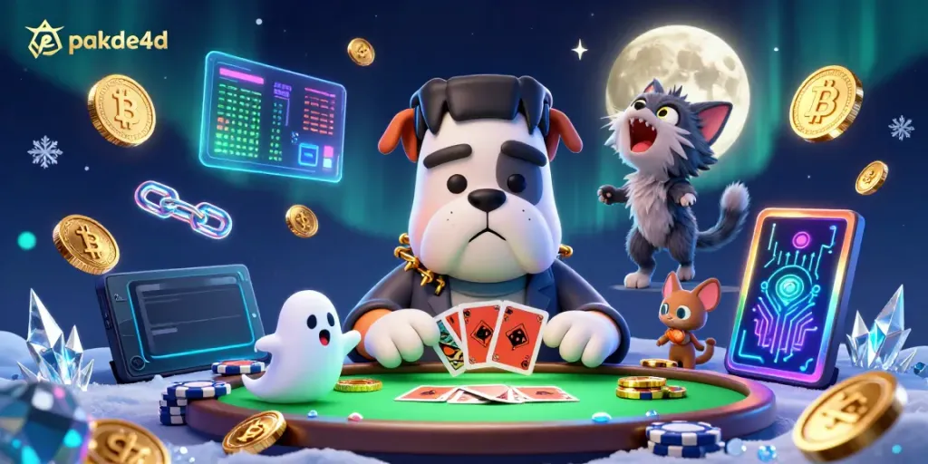 pakde4d features a colorful 3D cartoon Frankenstein bulldog and friends engaging in a lively card game at a ghostly casino table