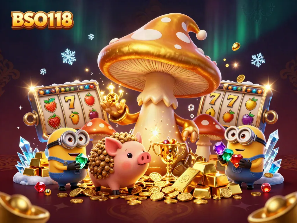 Experience the golden magic of BSO118 with stacked slots and treasures in a vibrant casino scene.