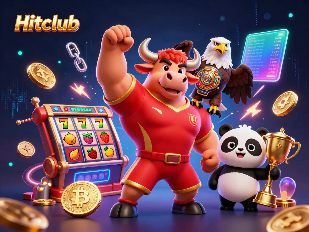 Experience the excitement of Hitclub with a dynamic victory scene featuring casino elements and colorful characters.