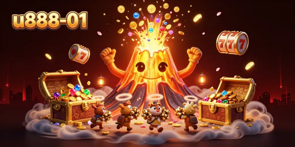 Experience the excitement of u888-01 with lively slot elements, a golden volcano, and treasure hunters
