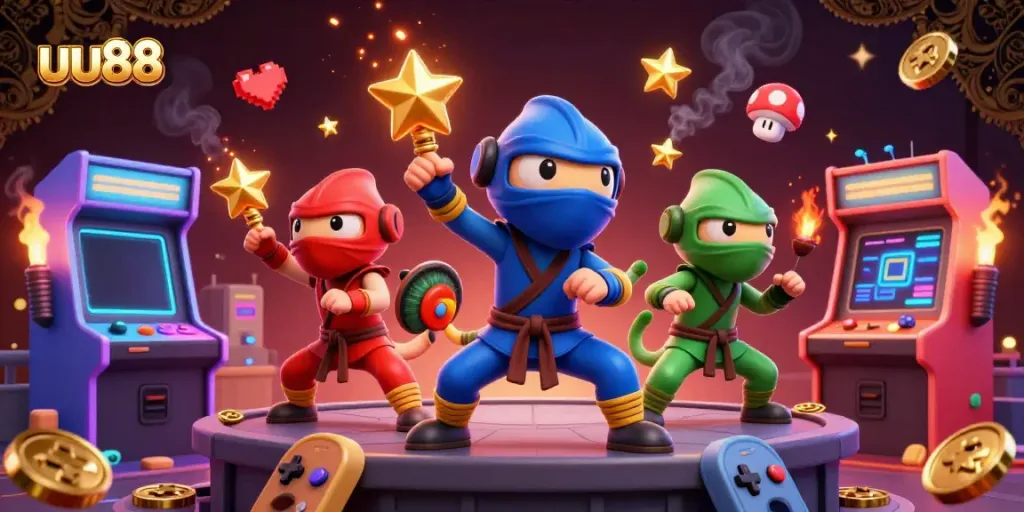 Witness the dynamic action of uu88 with a team of chameleon ninjas performing on a casino rooftop, surrounded by gaming elements.