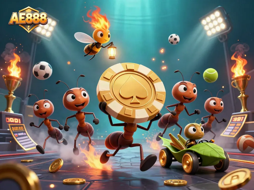 Experience the thrilling heist of AE888 as ants carry a giant poker chip surrounded by dynamic casino elements.