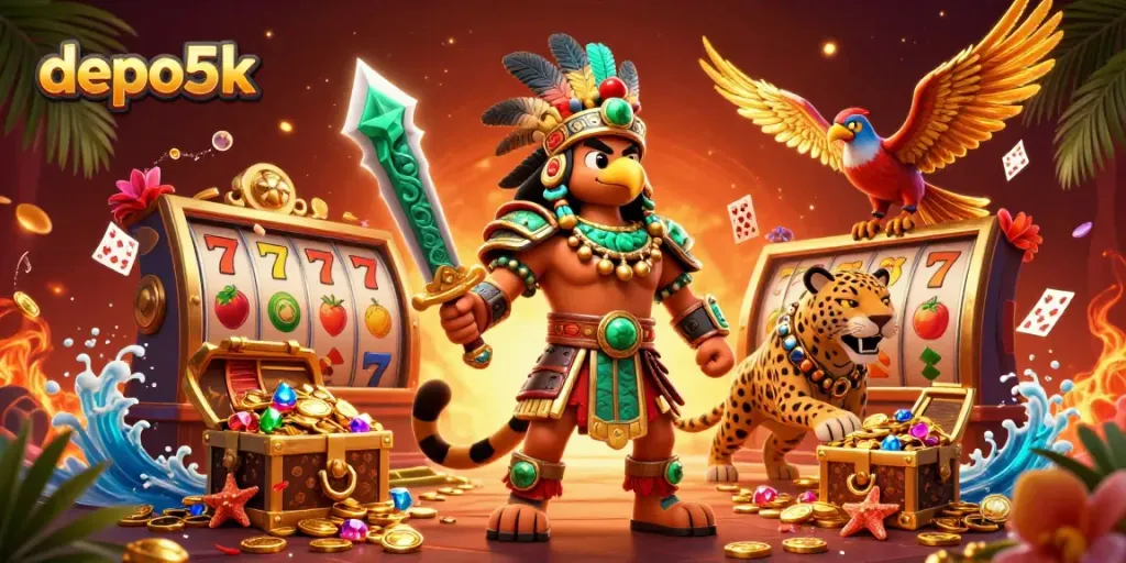 Win big with depo5k in a dynamic casino scene featuring Aztec warriors and rich treasures.