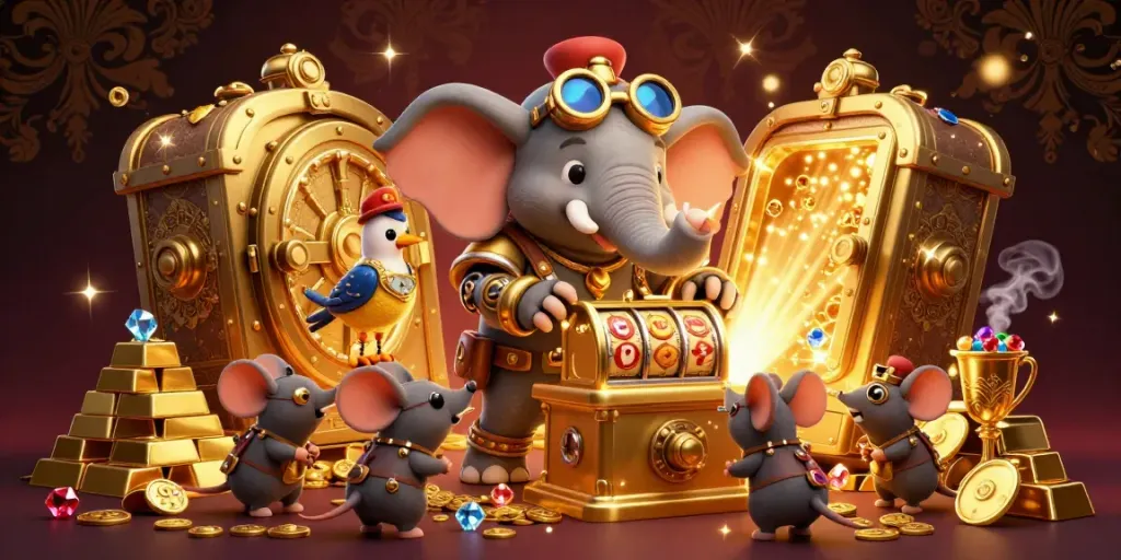 IWIN slot machine adventure featuring a steampunk elephant engineer and treasures in a vibrant casino atmoshere.