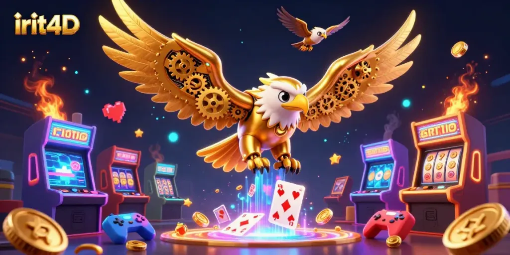 Engage in irit4D gaming with a vibrant 3D scene featuring a golden eagle and holographic cards.