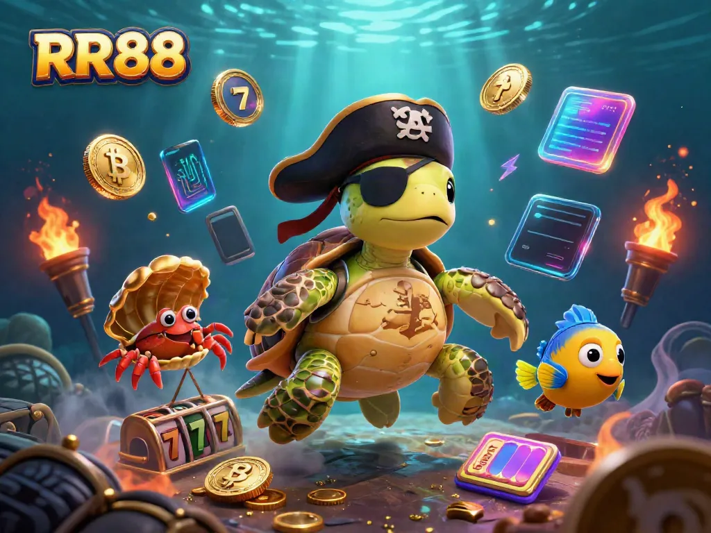 Engaging RR88 gaming scene with pirate turtle, hermit crab, and parrotfish amidst slot reels and crypto coins.