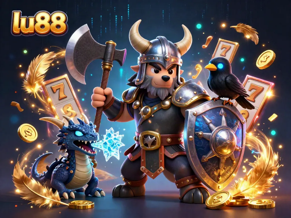 Experience excitement at lu88 with a Viking wolf warrior and dragon in a vibrant casino adventure.