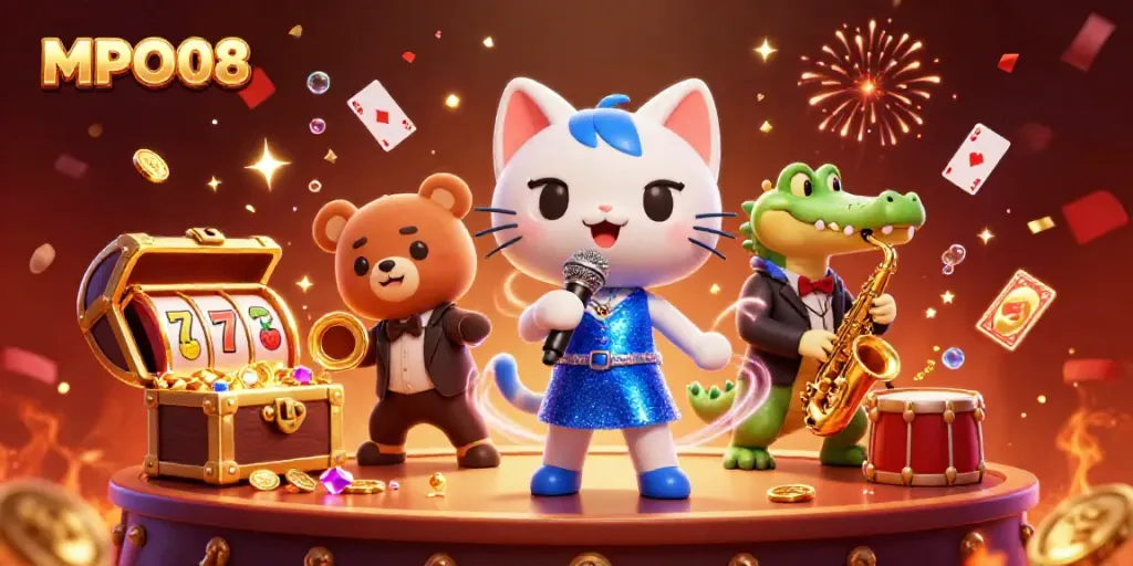 MPO08 showcases a lively casino scene with cartoon characters enjoying slot games and vibrant decorations.