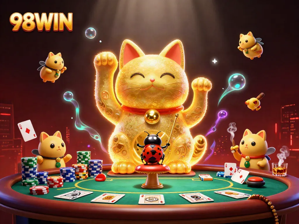 Experience the thrill of 98WIN with a vibrant casino scene featuring a lucky cat and poker elements.