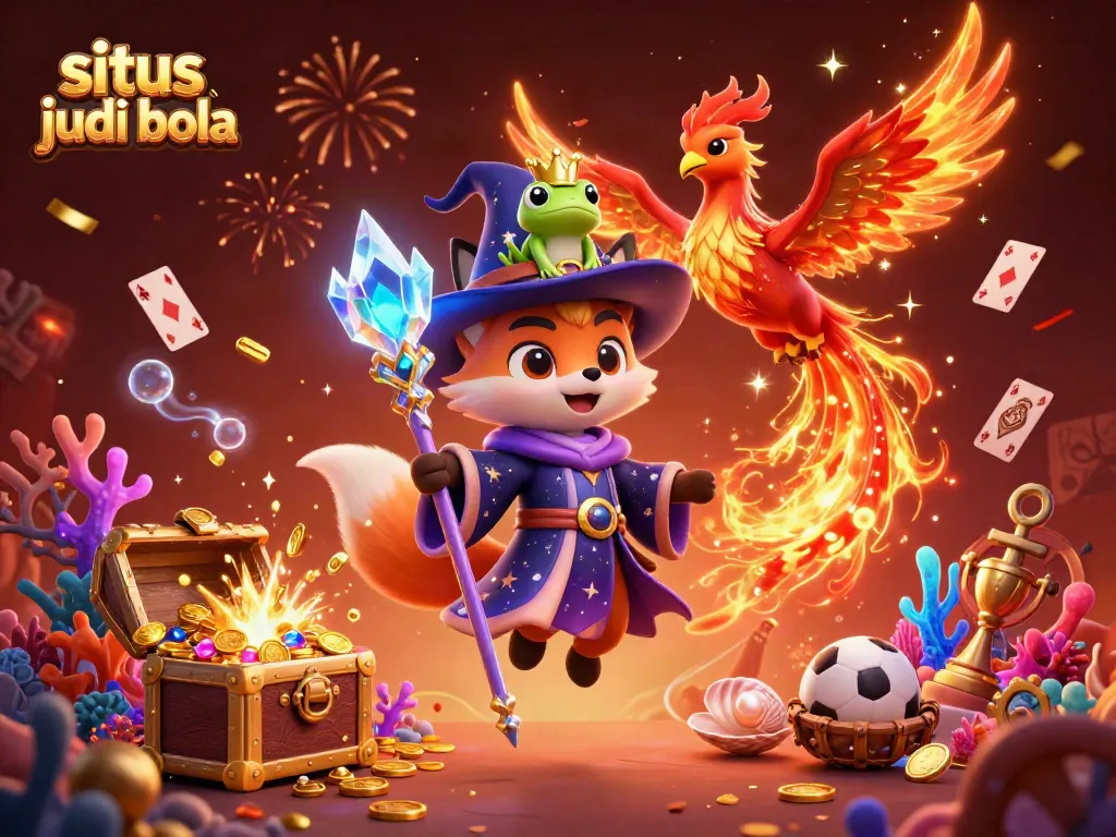 Experience the thrill of situs judi bola with a vibrant 3D fantasy casino scene featuring a wizard fox, phoenix, and rich game elements.