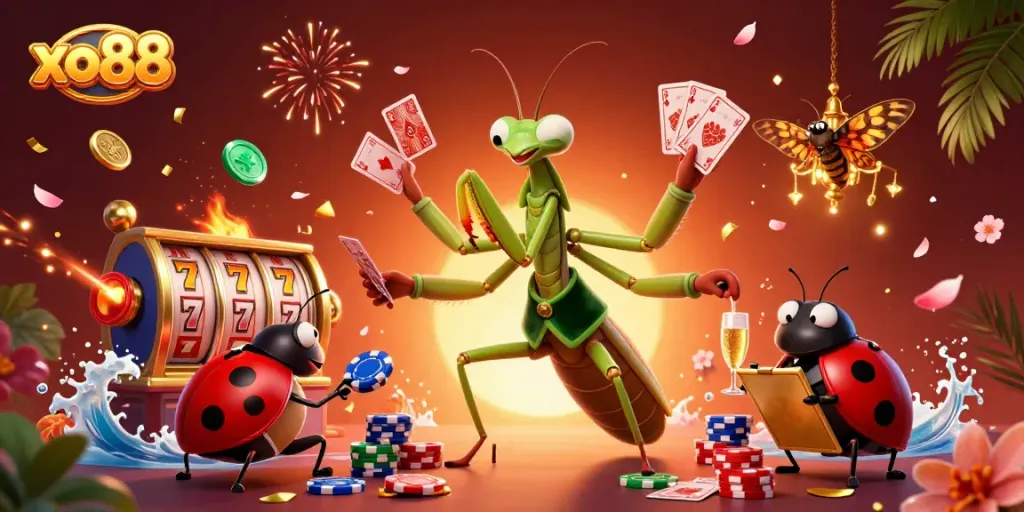 Experience the thrill of xo88 with a vibrant casino scene featuring dynamic card games and celebratory elements.