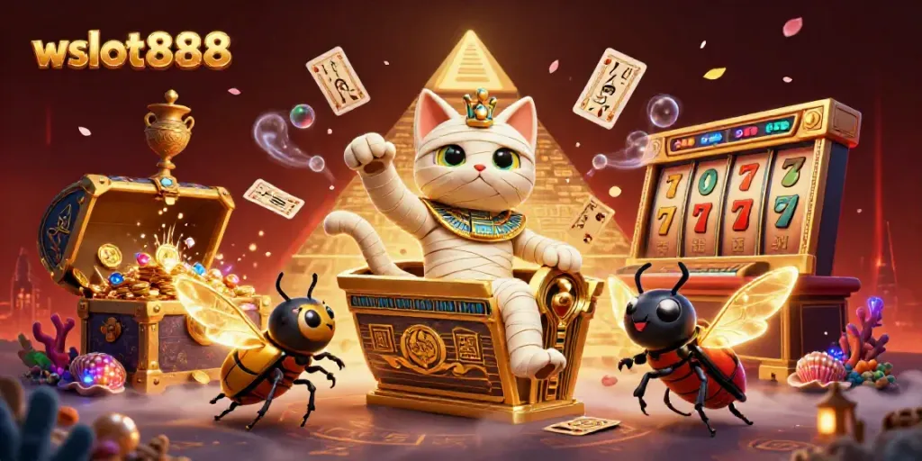Gambarkan wslot888 dengan karakter kucing mummy dan elemen jackpot slot dalam ilustrasi 3D.