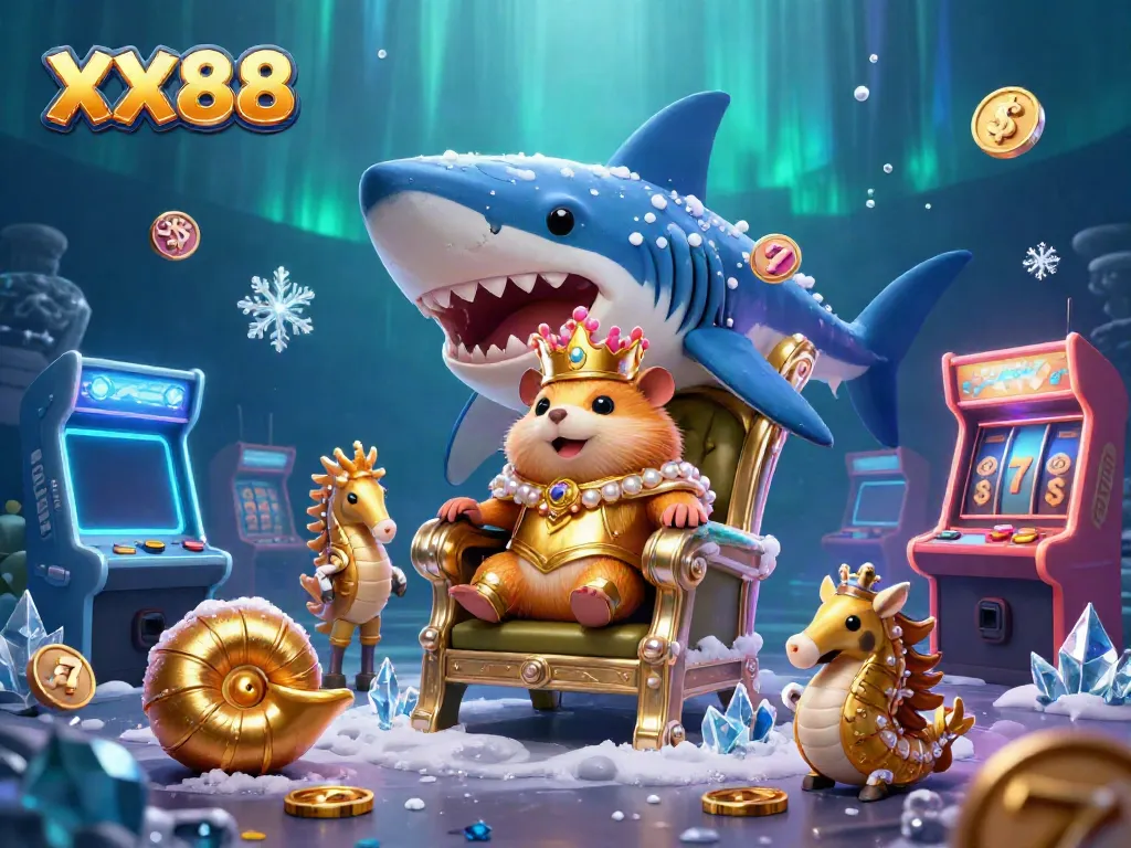 Experience winning moments at XX88 with a golden hamster king on a megalodon throne amidst vibrant casino games.
