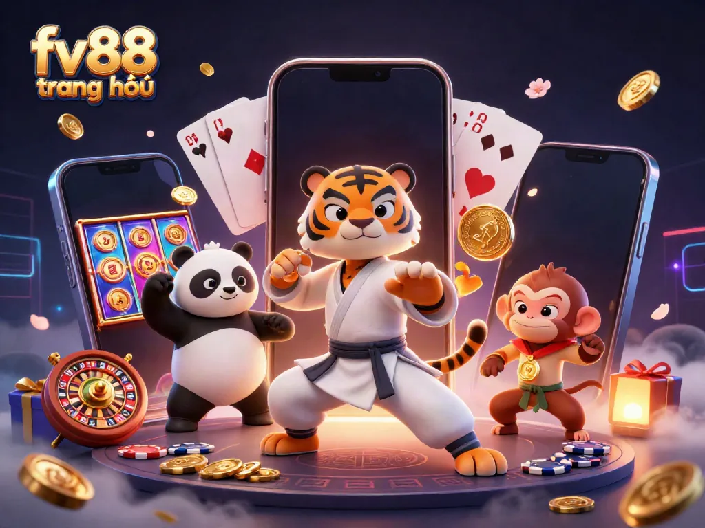 Experience the excitement of fv88 trang chủ with vibrant 3D characters and dynamic casino elements in a lively scene.