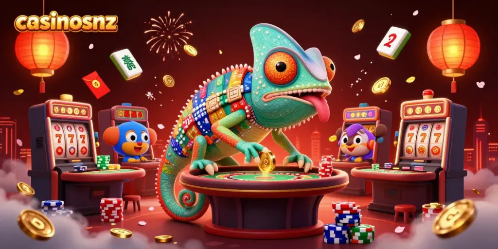 Experience a lively illustration of casinosnz with a colorful chameleon casino owner and dynamic game elements.