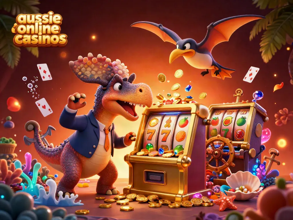 Aussie online casinos scene with dinosaurs interacting in a vibrant casino atmosphere, showcasing excitement and jackpots.