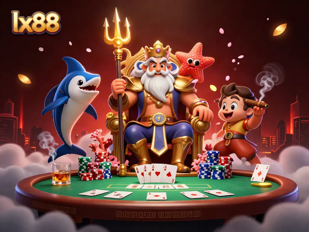 Experience spirited gameplay at lx88 with Neptune ruling over a lively casino scene filled with poker elements.
