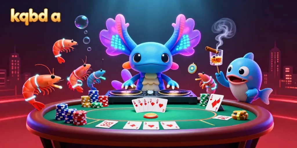 Dance with kqbd a featuring a cartoon axolotl DJ at a vibrant underwater poker scene.