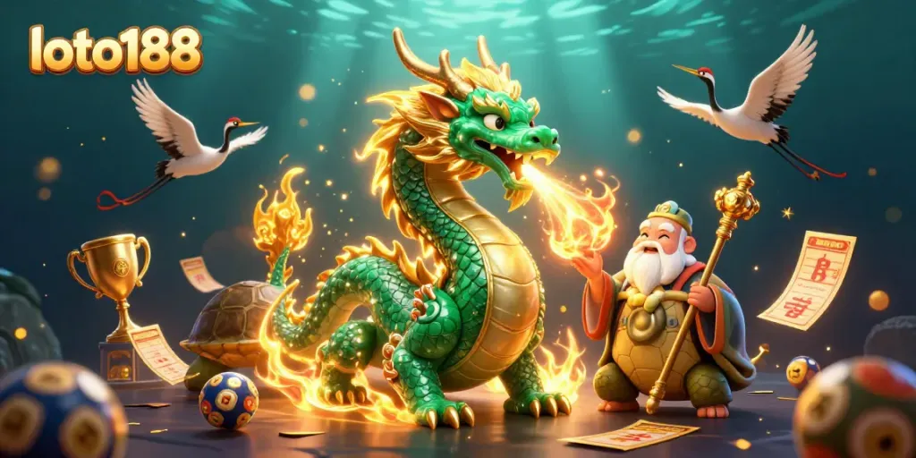 Engage in exciting lottery action at loto188 with a vibrant 3D illustration of the jade dragon and lucky symbols.