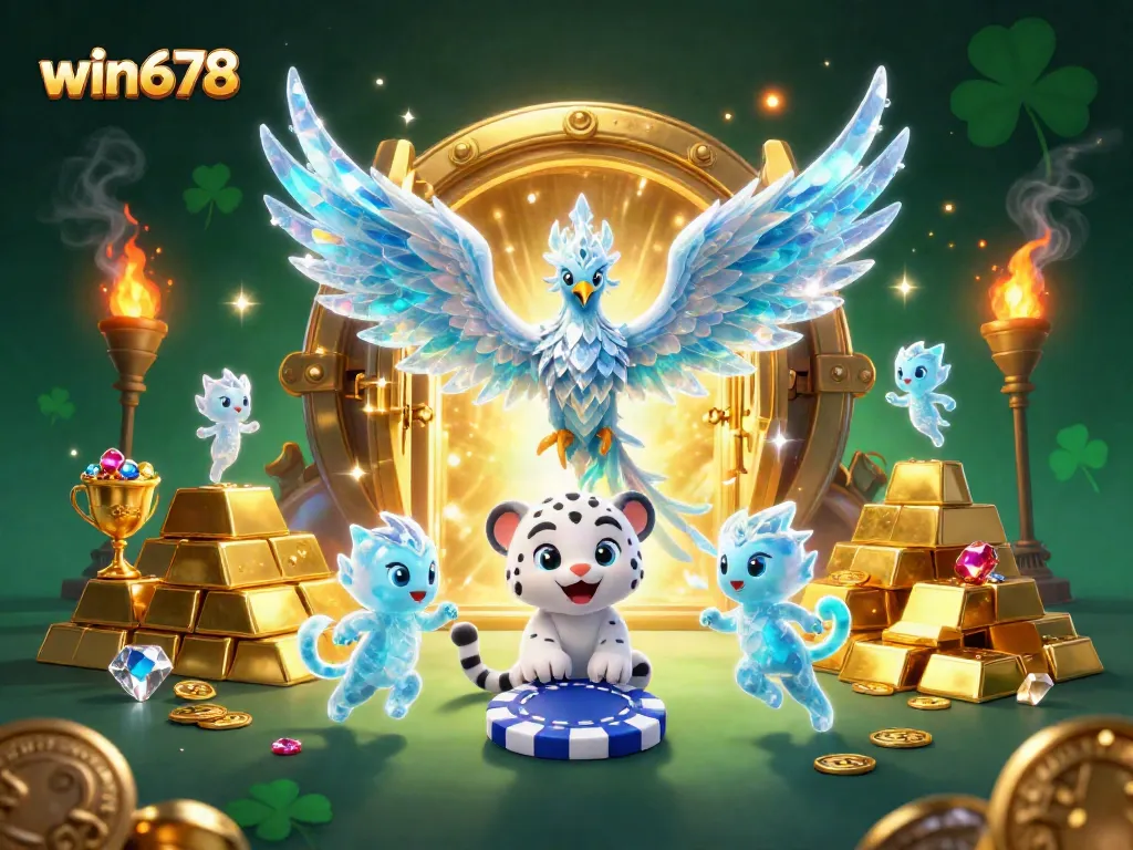 Experience thrilling wins at win678 with vibrant casino illustrations showcasing an enchanting ice phoenix and sparkling treasures.