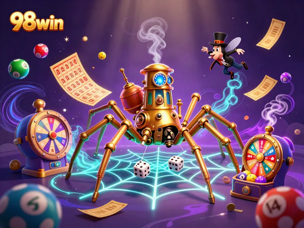 Catch the action with 98win as colorful lottery balls bounce dynamically in a vibrant casino scene.