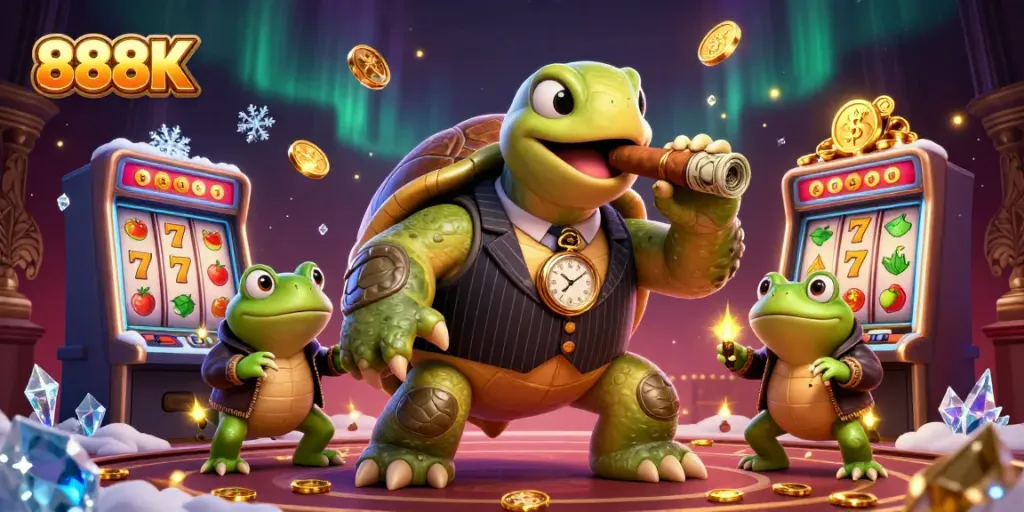 Engage with 888K's vibrant casino world through a dynamic, animated scene filled with slot machines and characters.