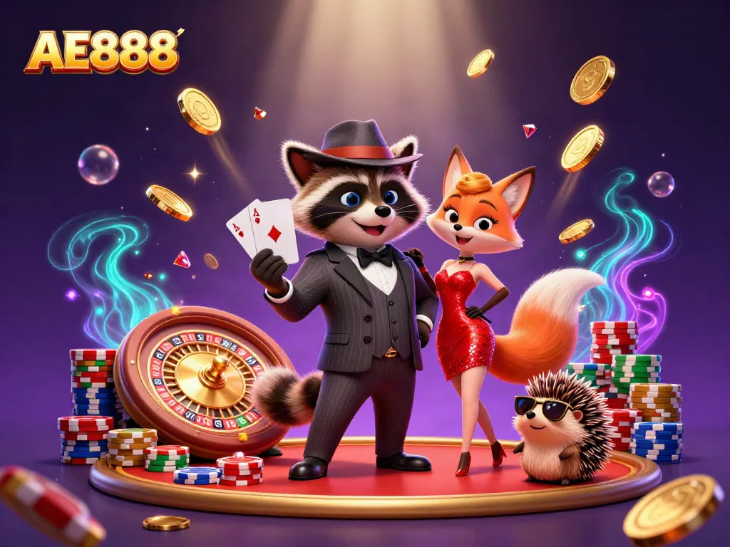 Experience the excitement of AE888 with a charming raccoon, fox, and hedgehog amidst casino thrills.
