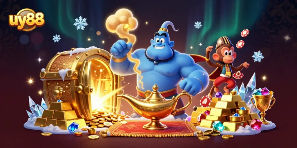 Experience excitement with uy88 casino adventures featuring a magical genie and treasures.