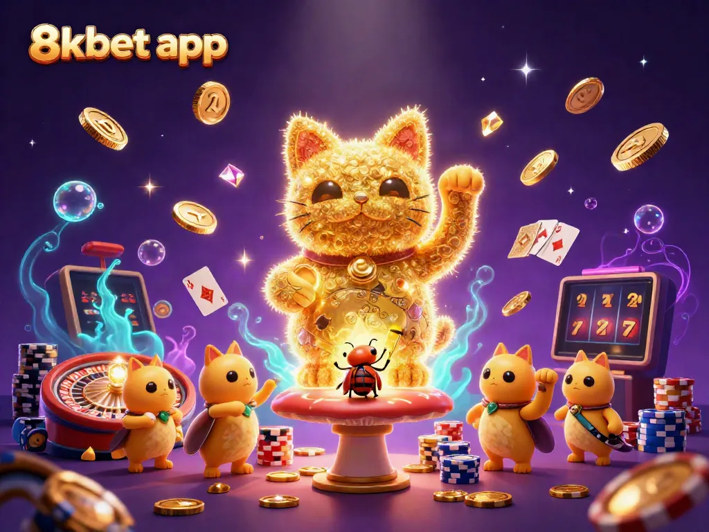 Experience the excitement of the 8xbet app with vibrant 3D casino elements depicting a lucky cat surrounded by coins.