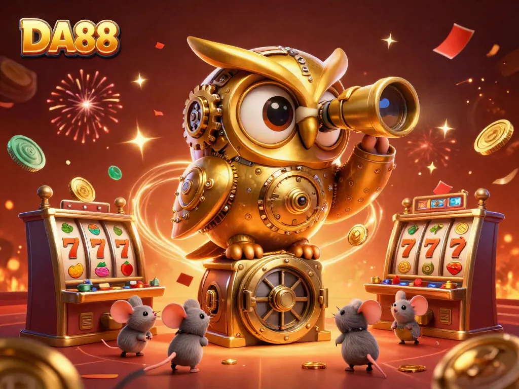 Experience the excitement of DA88 casino with our vibrant owl illustration among slot machines and golden details.