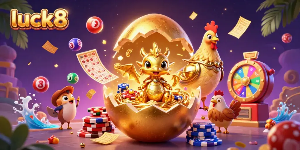 Bet on luck8's exciting gaming experience with this stunning golden dragon and vibrant casino elements.