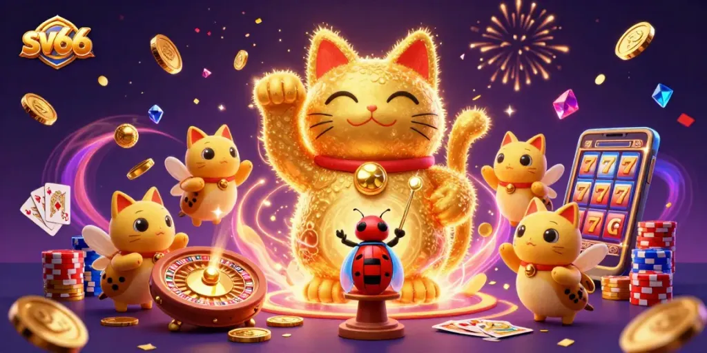 Experience the exciting world of sv66 with vibrant casino elements and a lucky cat illustration.