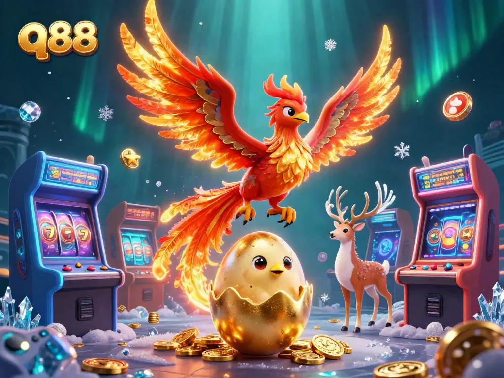 Experience thrilling action at q88 with colorful casino elements surrounding a fire phoenix and baby chick.