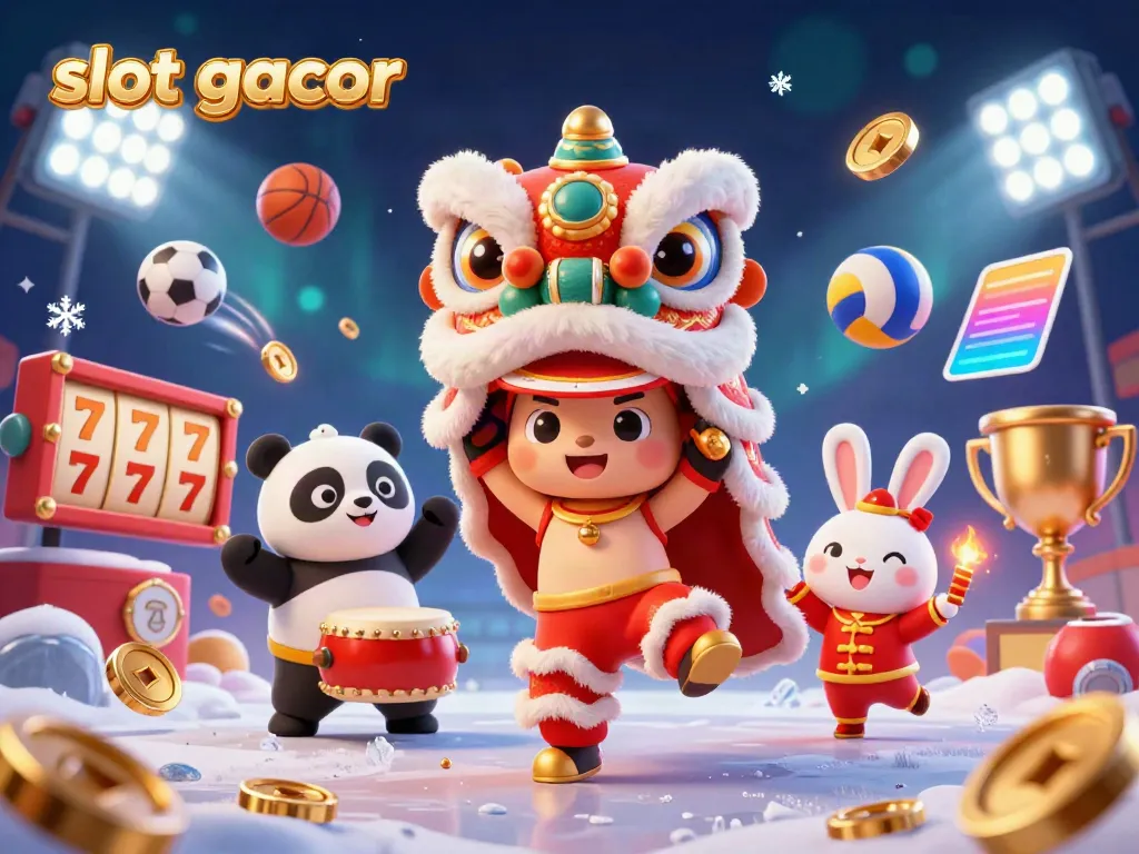 Engage with slot gacor in a vibrant 3D illustration featuring a Chinese lion dance and dynamic casino elements.
