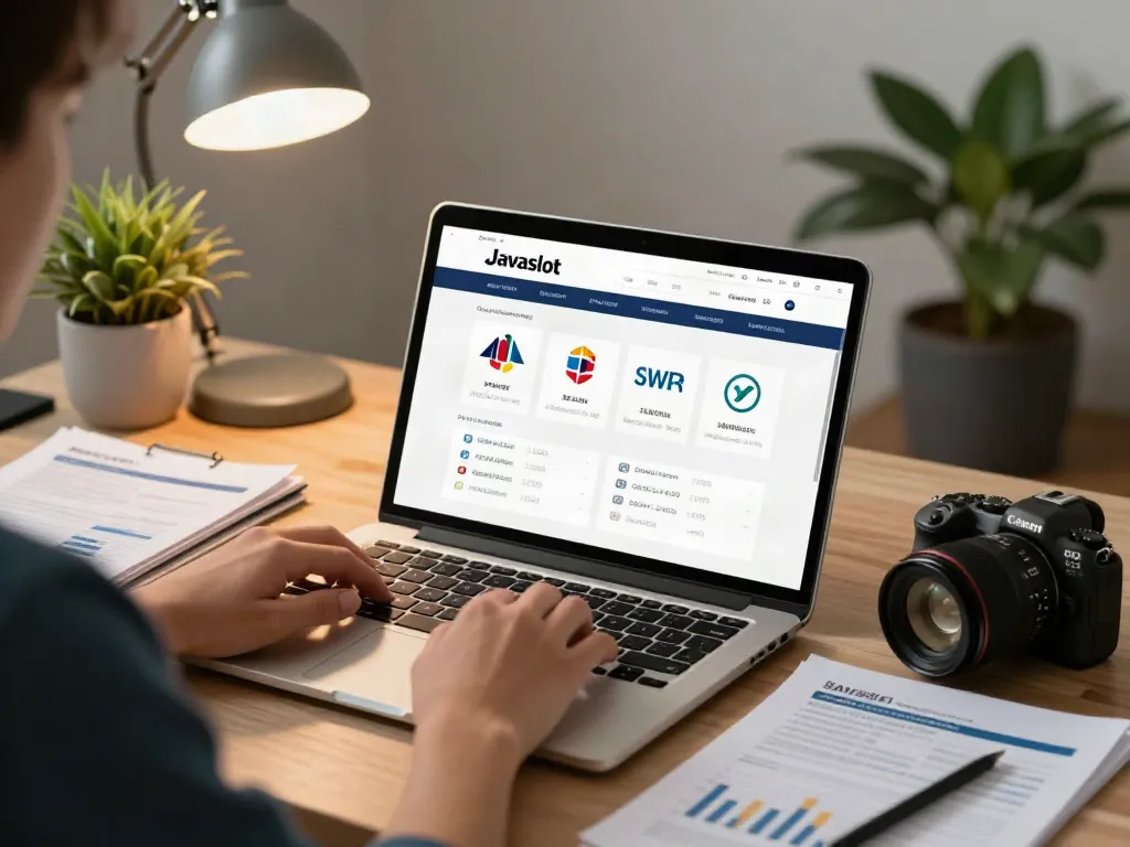 Pengguna javaslot menjelajahi direktori perbankan online di laptop dengan dokumen finansial di meja.